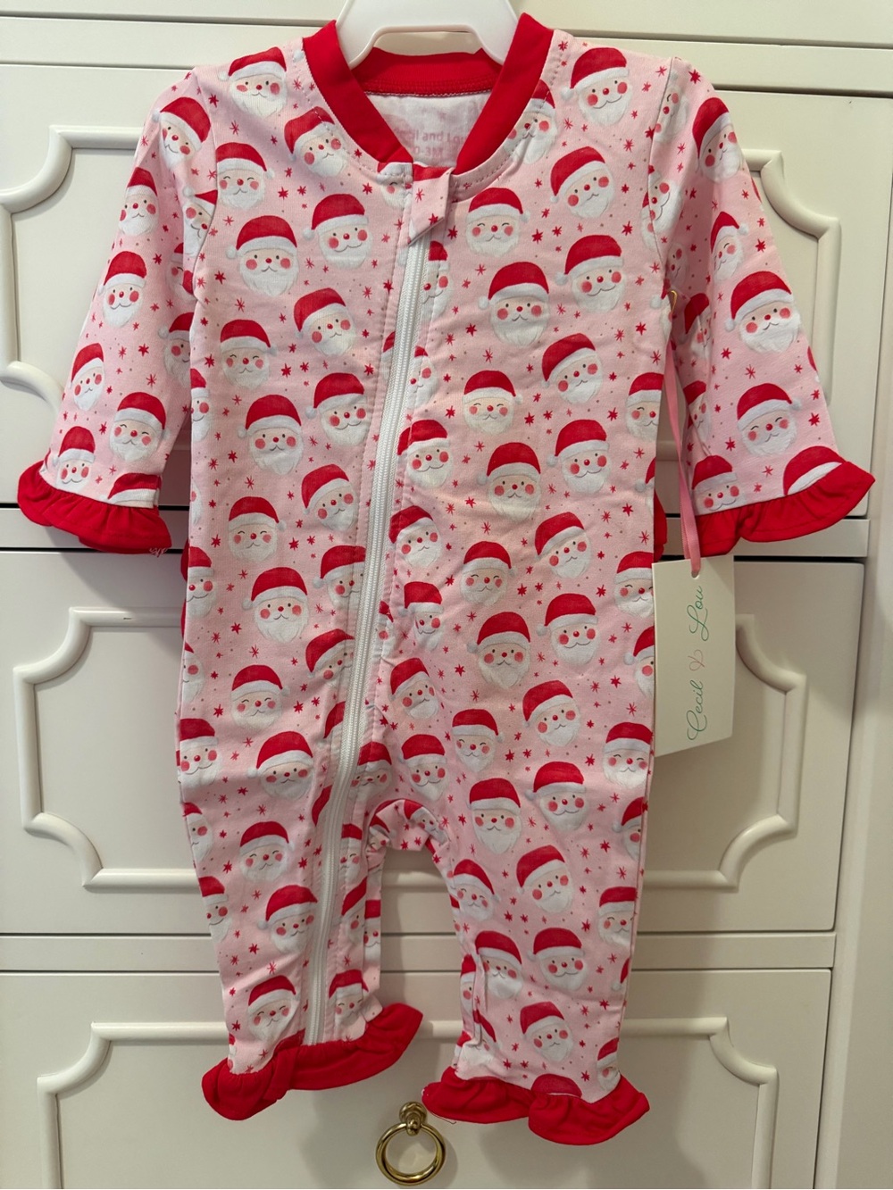 Girls' Pink Santa Print Zippered Footie with Red Trim